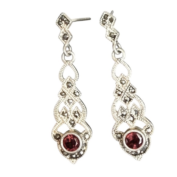 Sterling Filigree Crystal Post Drop Earrings Red Silver - Picture 1 of 6